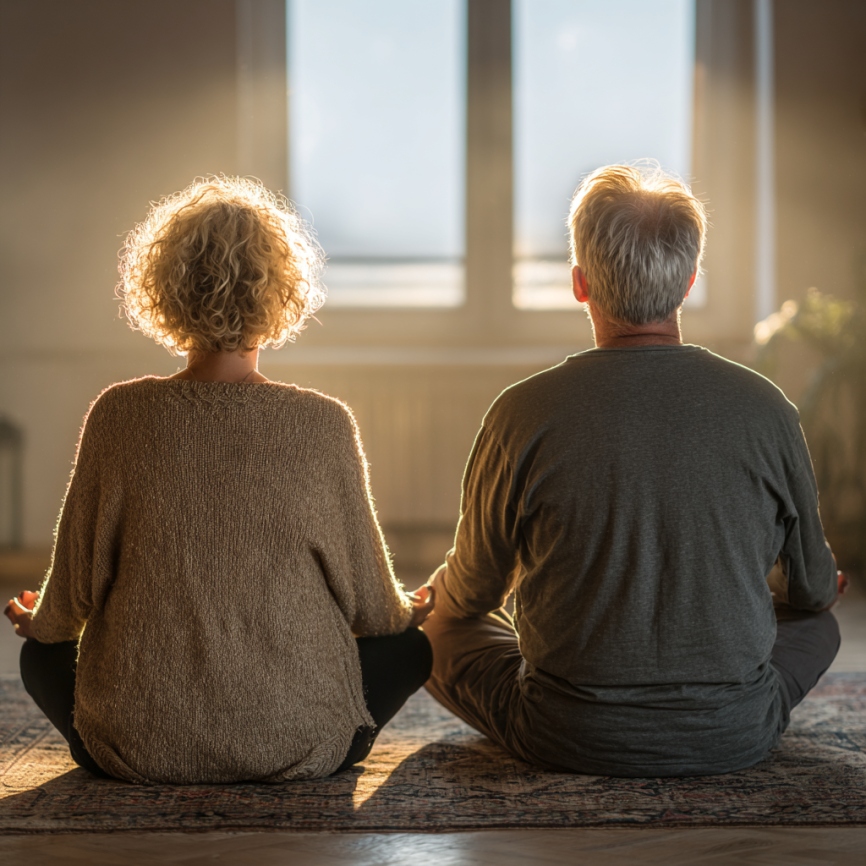 Група літніх людей займається йогою